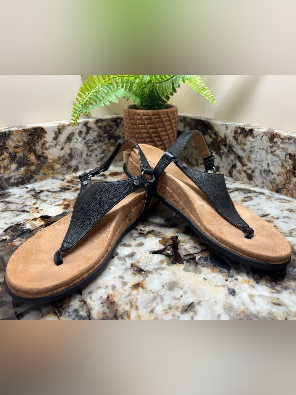 Vionic Black T-Strap Slingback Sandals with Tan Footbed